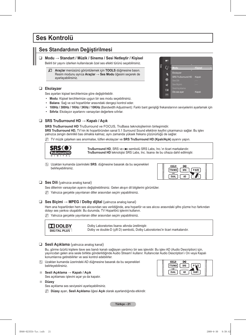 Ses kontrolü, Ses standardının değiştirilmesi | Samsung PS50B530S2W User Manual | Page 302 / 319