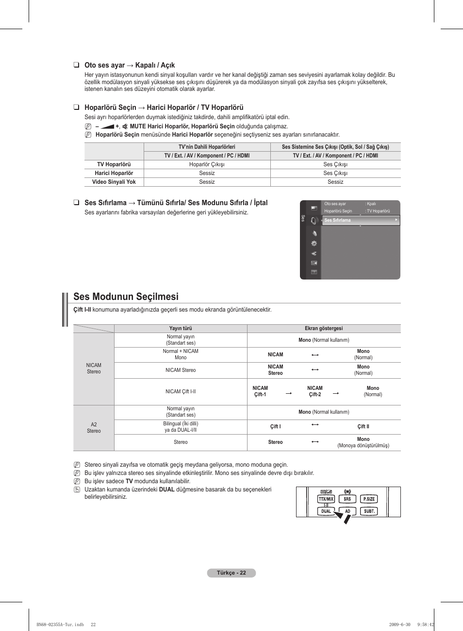 Ses modunun seçilmesi, Oto ses ayar → kapalı / açık, Hoparlörü seçin → harici hoparlör / tv hoparlörü | Samsung PS50B530S2W User Manual | Page 303 / 319