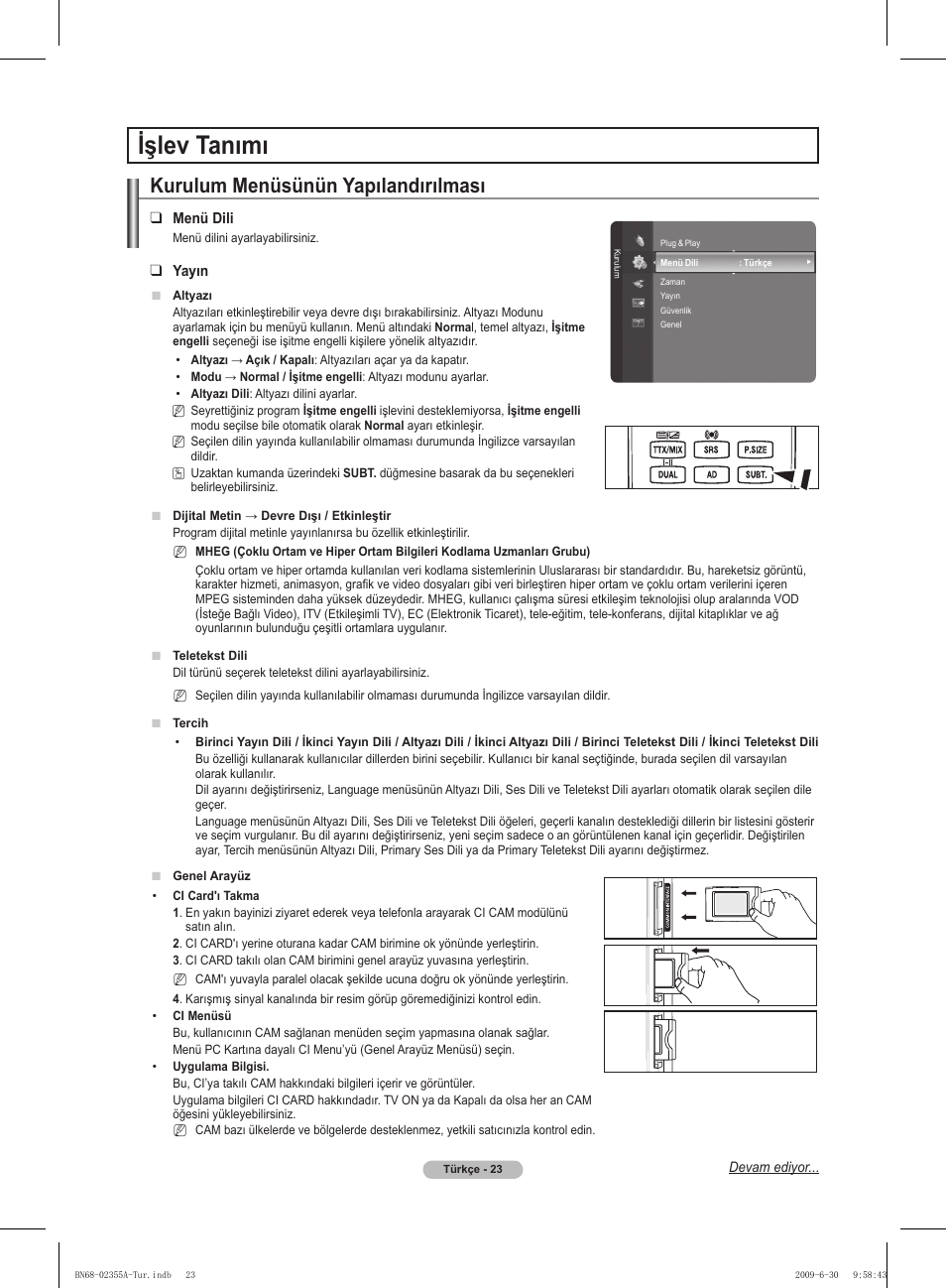 Işlev tanımı, Kurulum menüsünün yapılandırılması | Samsung PS50B530S2W User Manual | Page 304 / 319