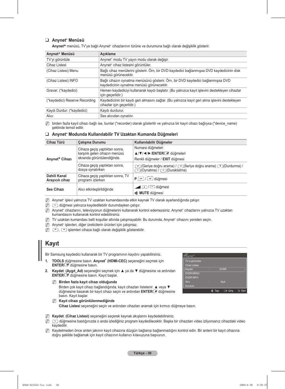 Kayıt, Anynet, Menüsü | Samsung PS50B530S2W User Manual | Page 311 / 319