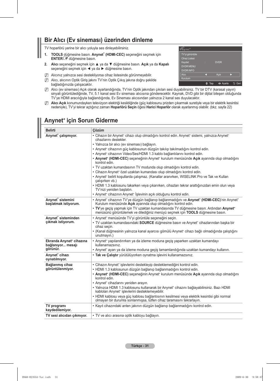 Bir alıcı (ev sineması) üzerinden dinleme, Anynet, Için sorun giderme | Samsung PS50B530S2W User Manual | Page 312 / 319