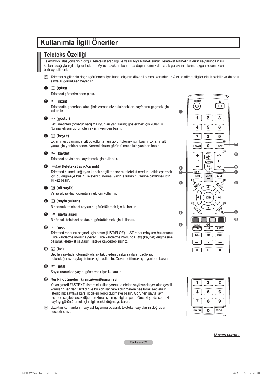 Kullanımla ilgili öneriler, Teleteks özelliği | Samsung PS50B530S2W User Manual | Page 313 / 319