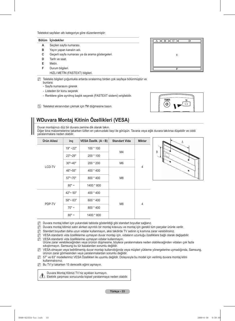 Wduvara montaj kitinin özellikleri (vesa) | Samsung PS50B530S2W User Manual | Page 314 / 319