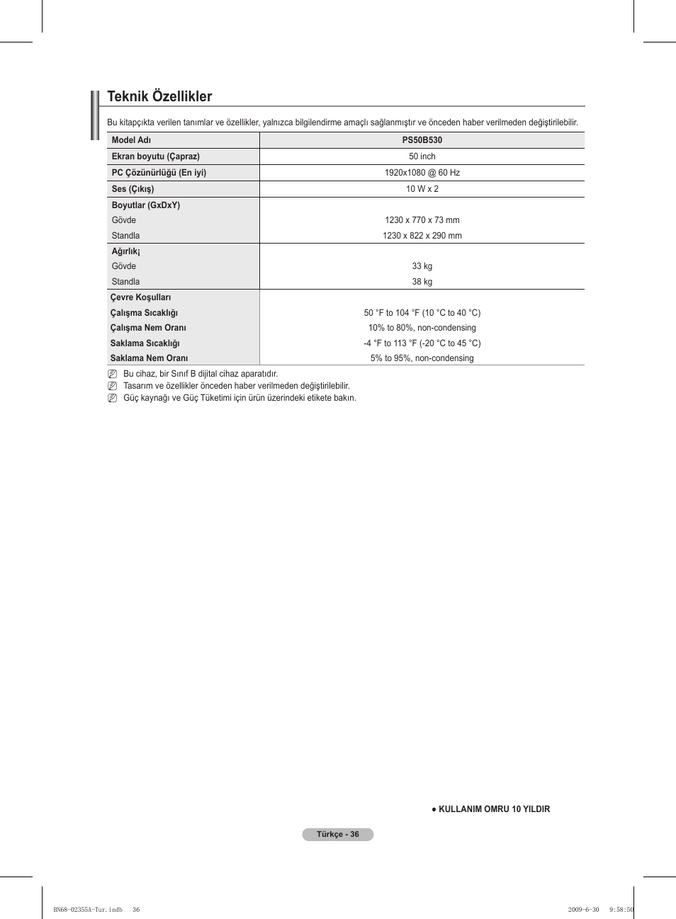 Teknik özellikler | Samsung PS50B530S2W User Manual | Page 317 / 319