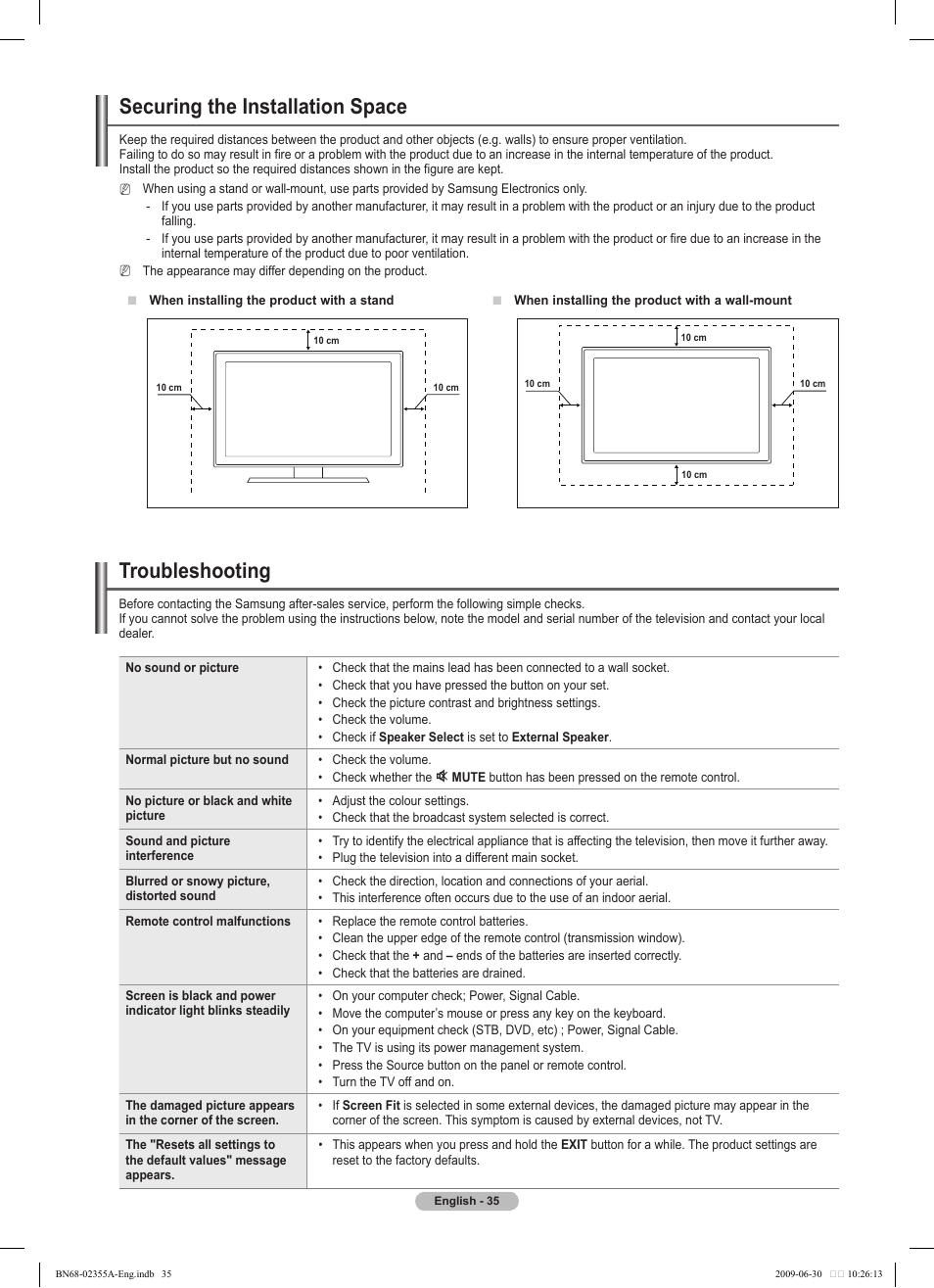 Troubleshooting, Securing the installation space | Samsung PS50B530S2W User Manual | Page 35 / 319