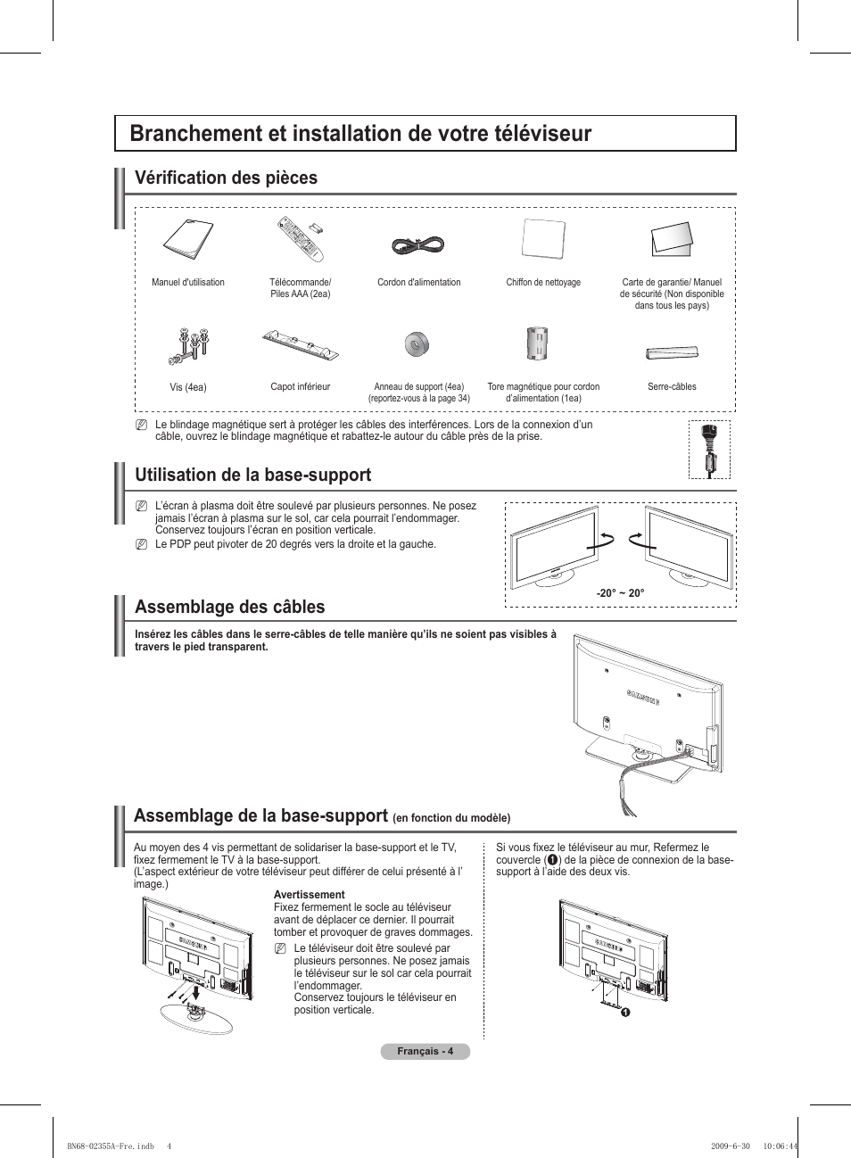 Branchement et installation de votre téléviseur, Assemblage de la base-support, Vérification des pièces | Utilisation de la base-support, Assemblage des câbles | Samsung PS50B530S2W User Manual | Page 39 / 319