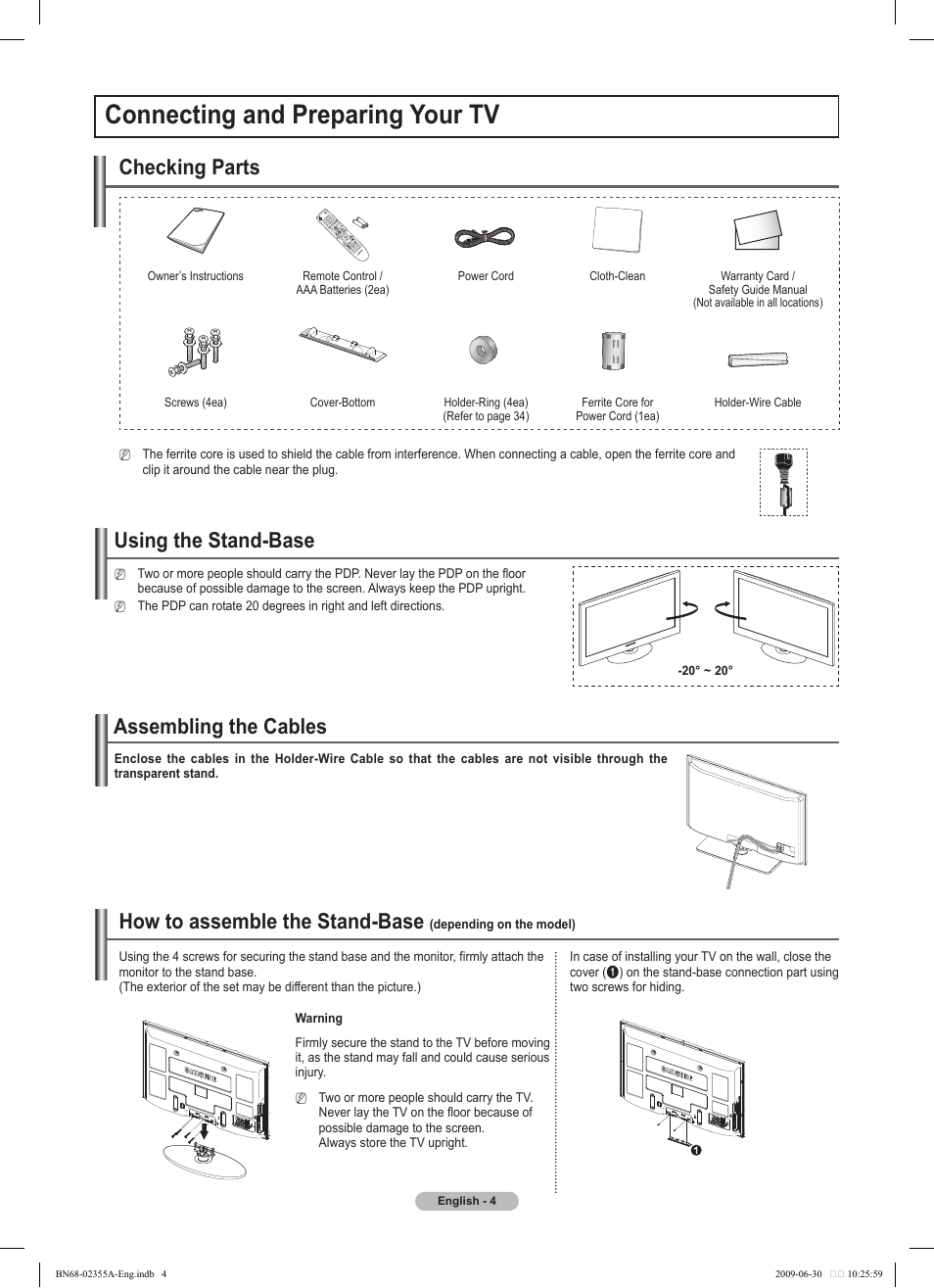 Connecting and preparing your tv, Assembling the cables, Using the stand-base | How to assemble the stand-base, Checking parts | Samsung PS50B530S2W User Manual | Page 4 / 319