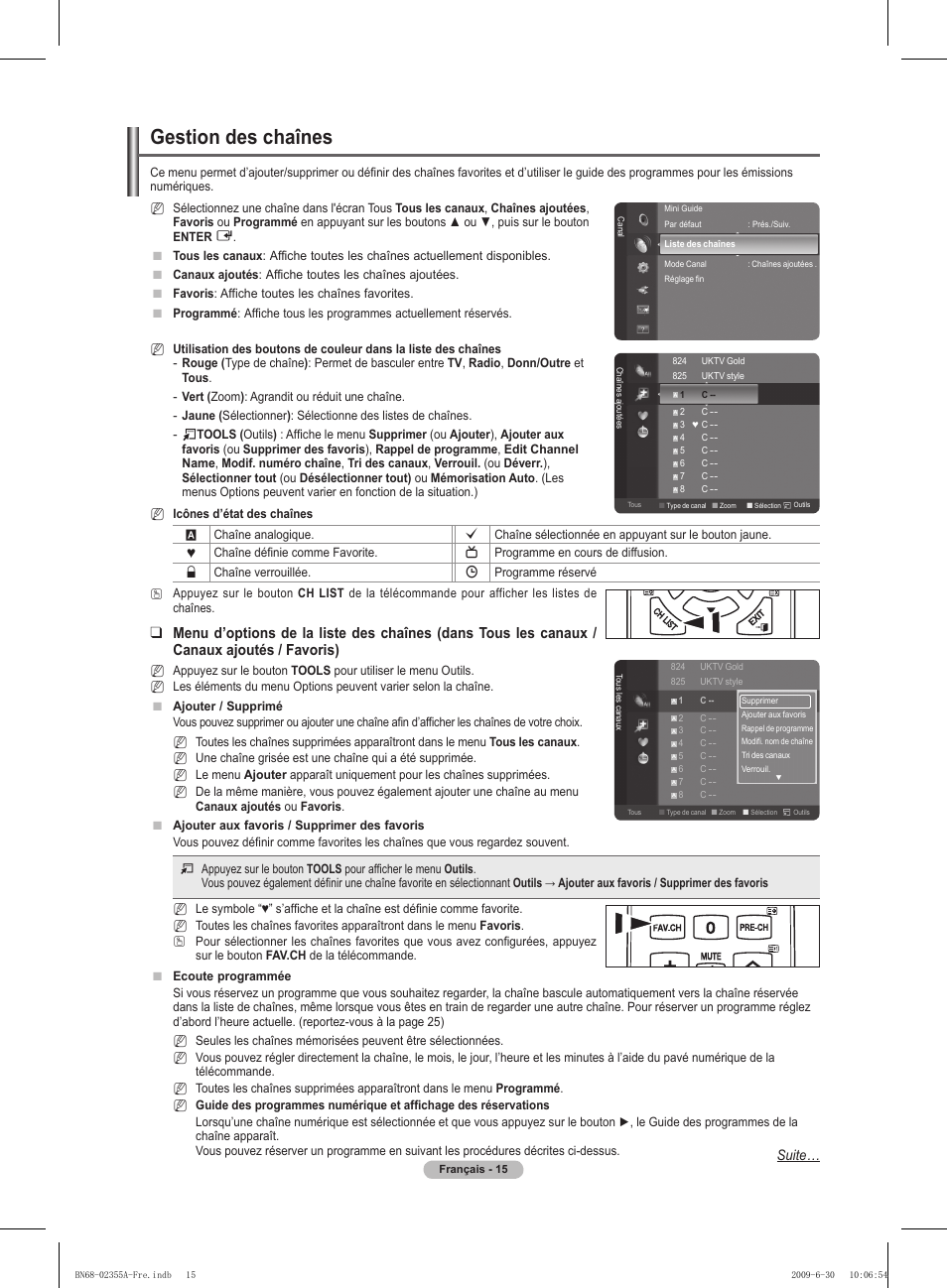 Gestion des chaînes, Suite | Samsung PS50B530S2W User Manual | Page 50 / 319