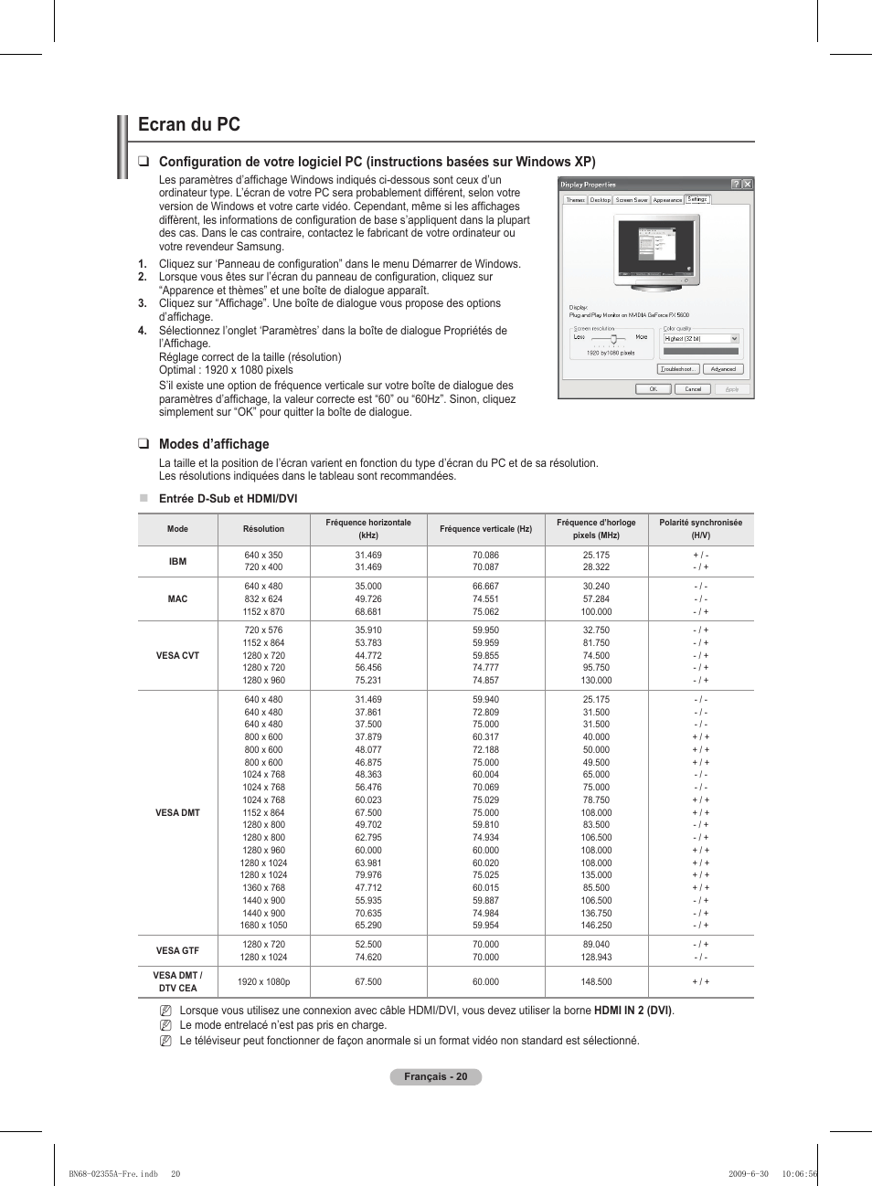 Ecran du pc, Modes d’affichage | Samsung PS50B530S2W User Manual | Page 55 / 319