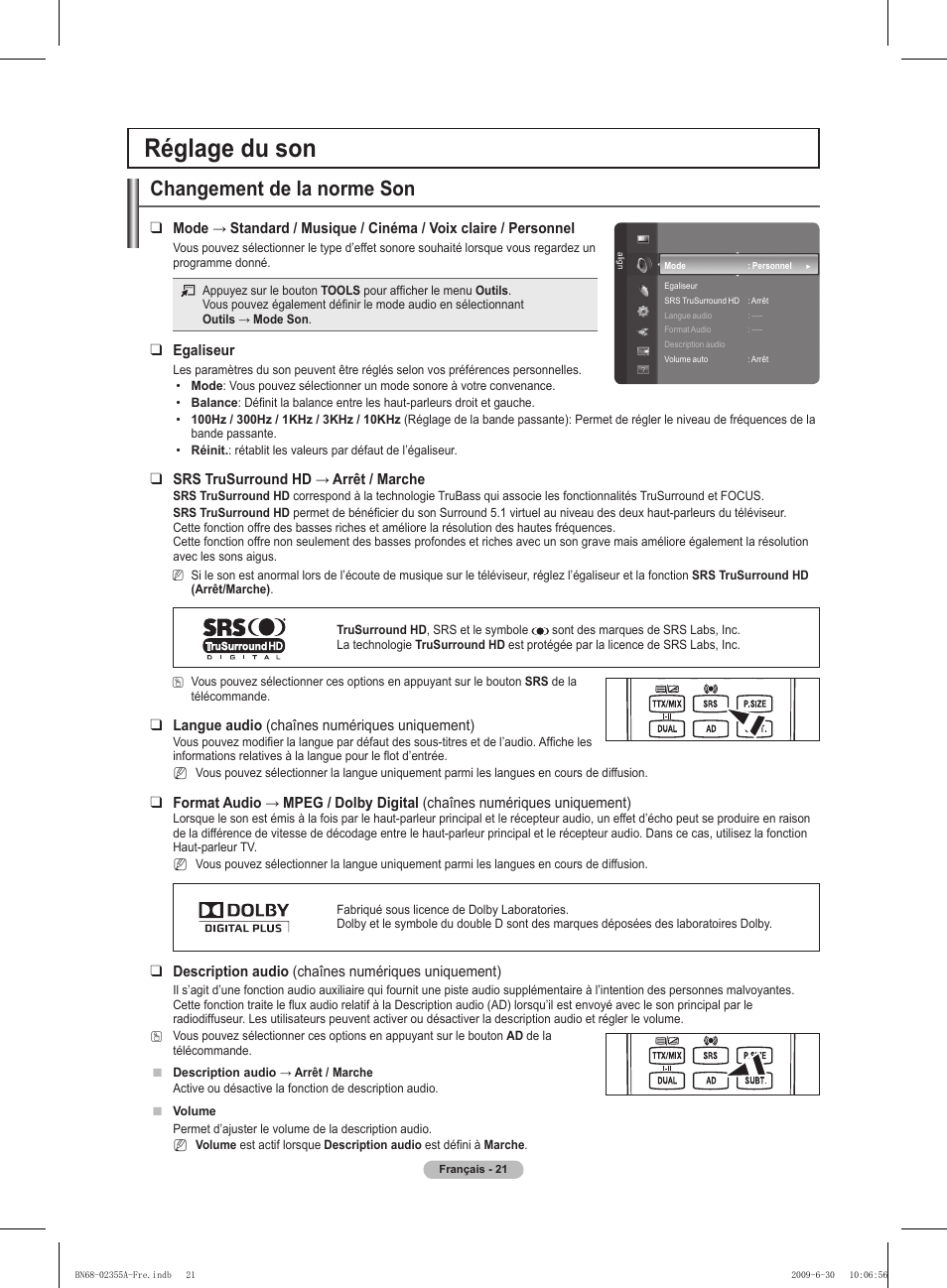 Réglage du son, Changement de la norme son | Samsung PS50B530S2W User Manual | Page 56 / 319