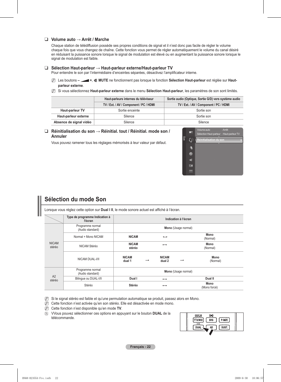 Sélection du mode son | Samsung PS50B530S2W User Manual | Page 57 / 319