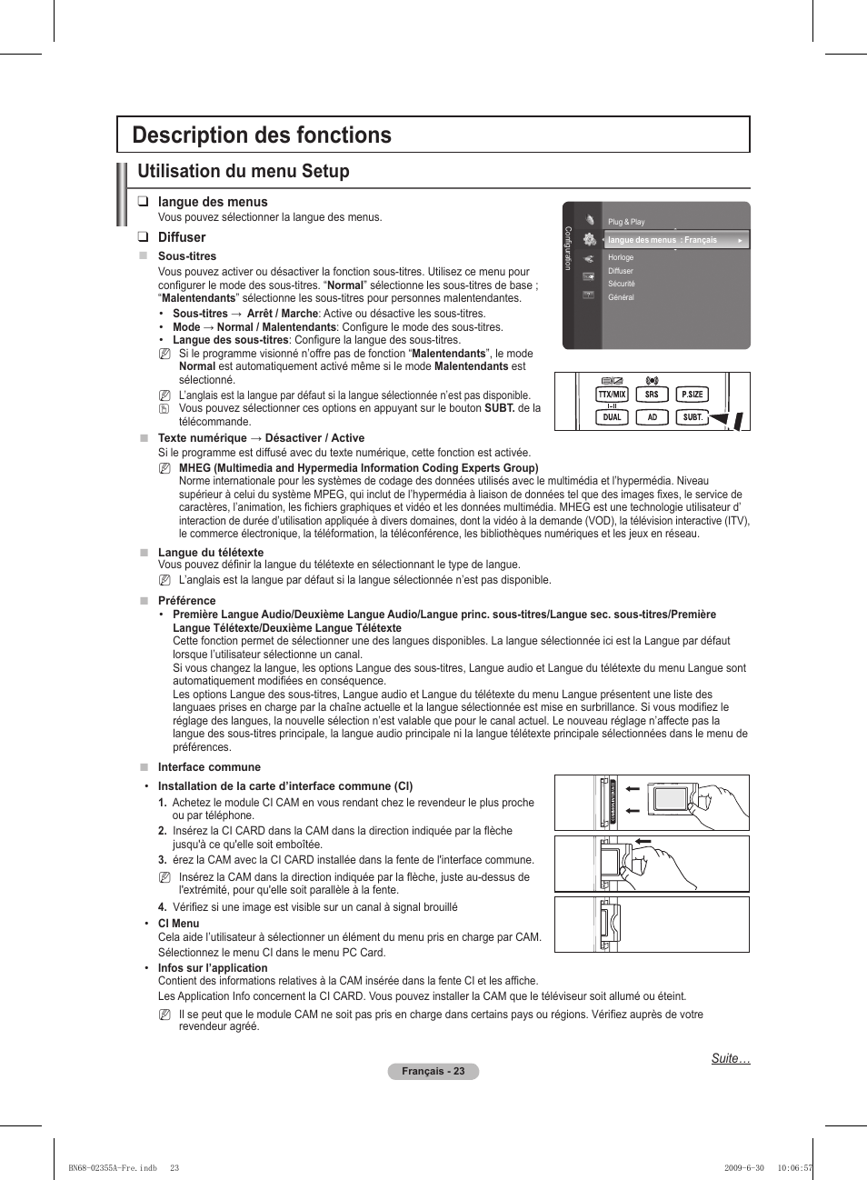 Description des fonctions, Utilisation du menu setup | Samsung PS50B530S2W User Manual | Page 58 / 319