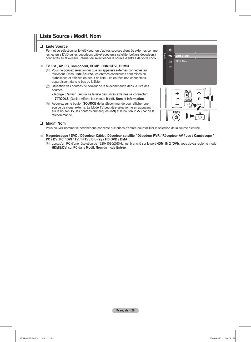 Liste source / modif. nom | Samsung PS50B530S2W User Manual | Page 61 / 319