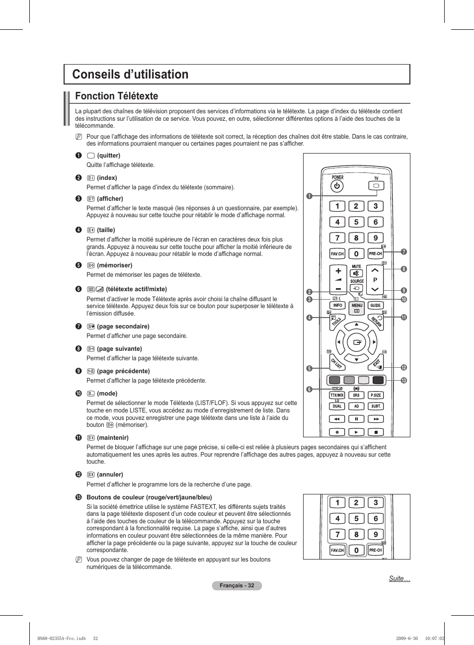 Conseils d’utilisation, Fonction télétexte | Samsung PS50B530S2W User Manual | Page 67 / 319