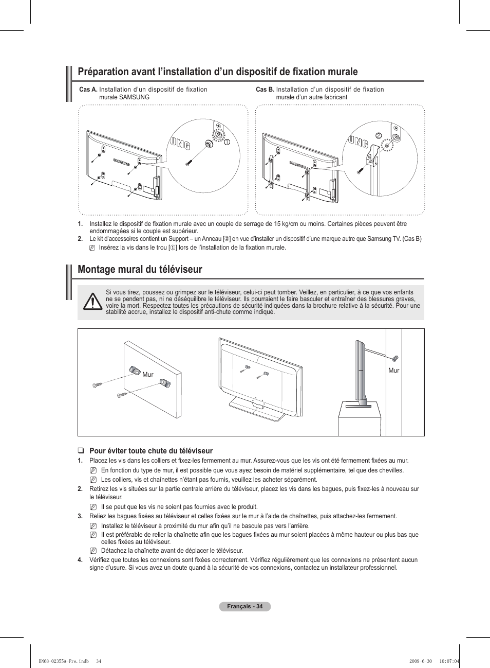 경고 주의 경고 주의, Montage mural du téléviseur | Samsung PS50B530S2W User Manual | Page 69 / 319