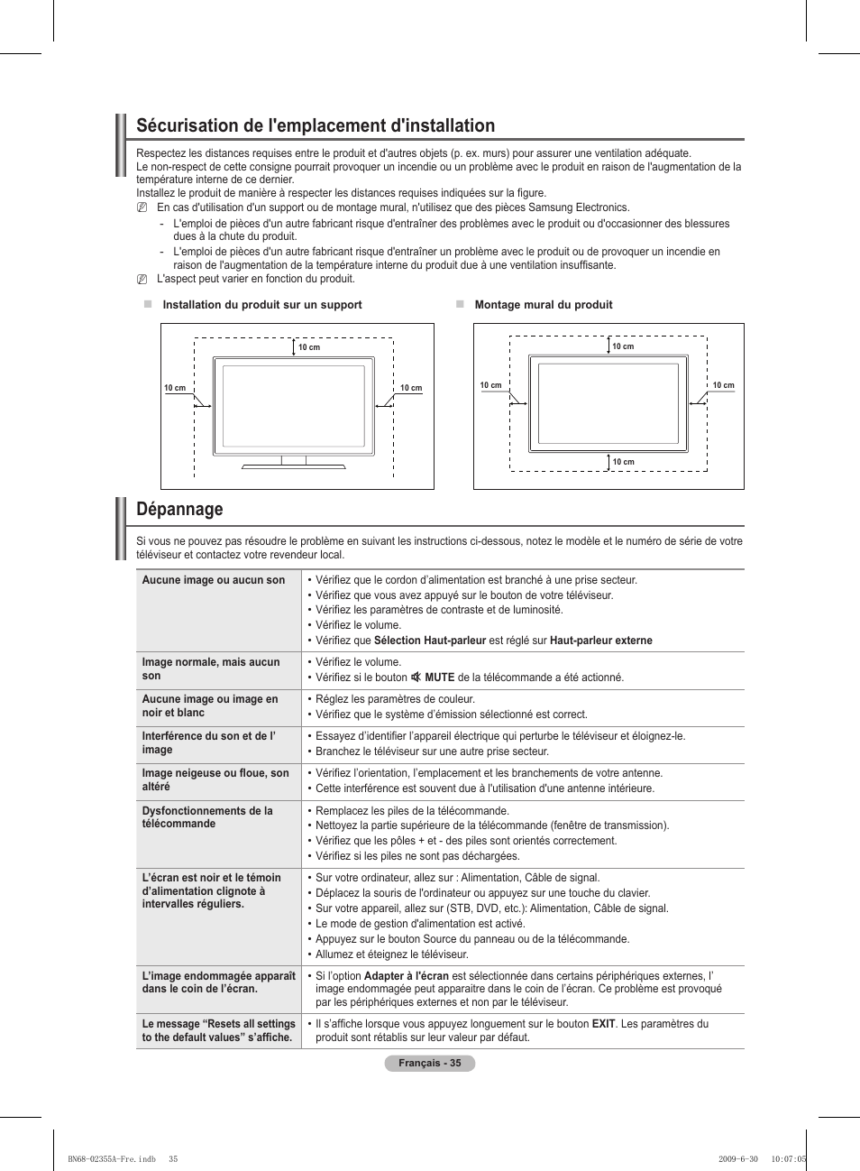 Dépannage, Sécurisation de l'emplacement d'installation | Samsung PS50B530S2W User Manual | Page 70 / 319