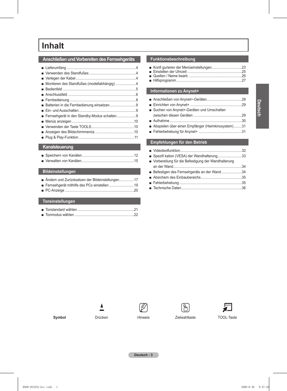 No t, Inhalt | Samsung PS50B530S2W User Manual | Page 73 / 319