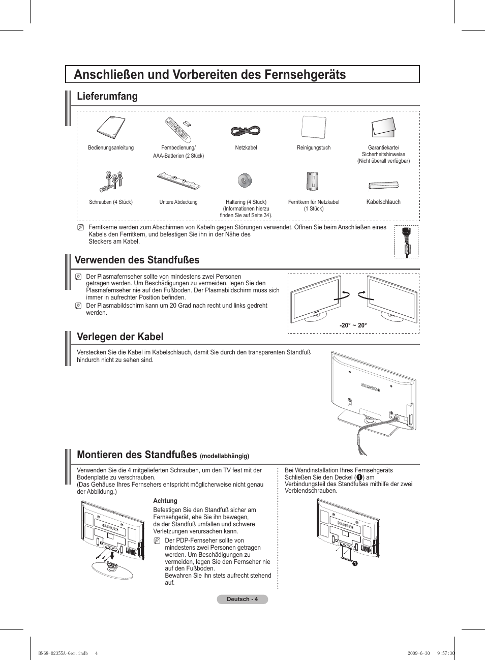 Anschließen und vorbereiten des fernsehgeräts, Lieferumfang, Verwenden des standfußes | Montieren des standfußes, Verlegen der kabel | Samsung PS50B530S2W User Manual | Page 74 / 319