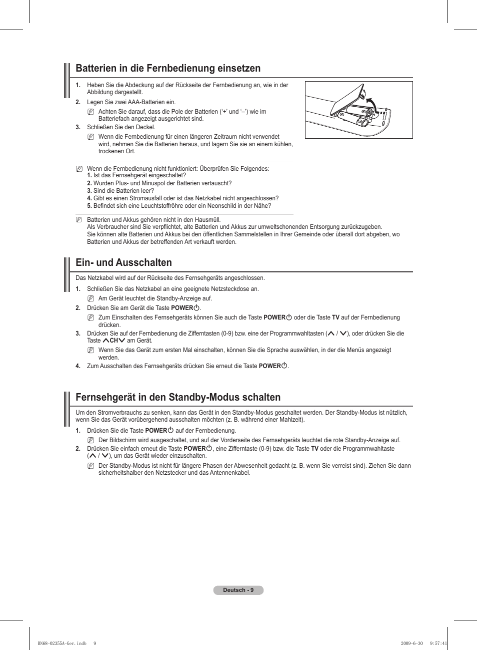 Batterien in die fernbedienung einsetzen, Ein- und ausschalten, Fernsehgerät in den standby-modus schalten | Samsung PS50B530S2W User Manual | Page 79 / 319