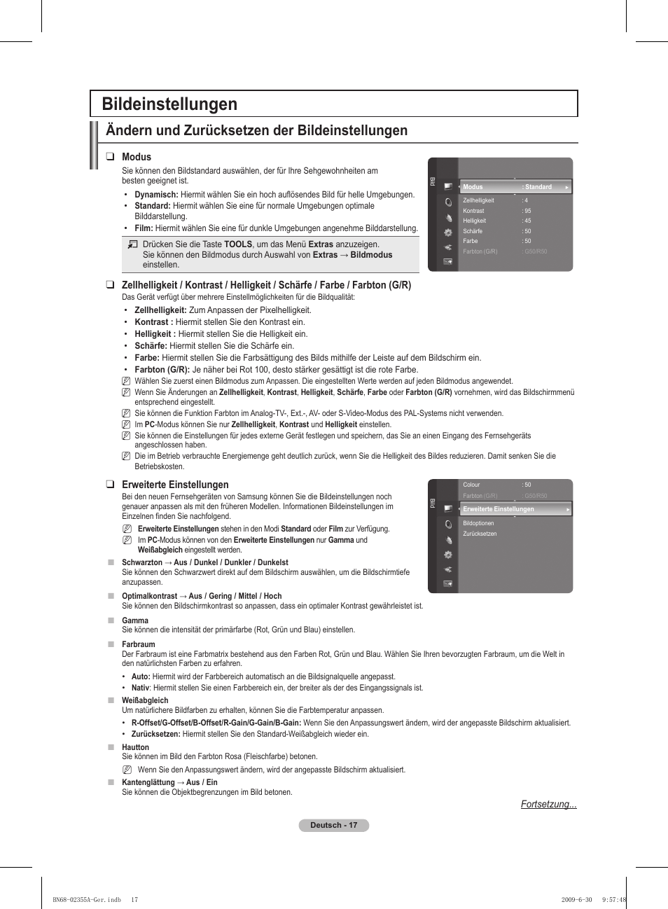 Bildeinstellungen, Ändern und zurücksetzen der bildeinstellungen, Modus | Erweiterte einstellungen | Samsung PS50B530S2W User Manual | Page 87 / 319