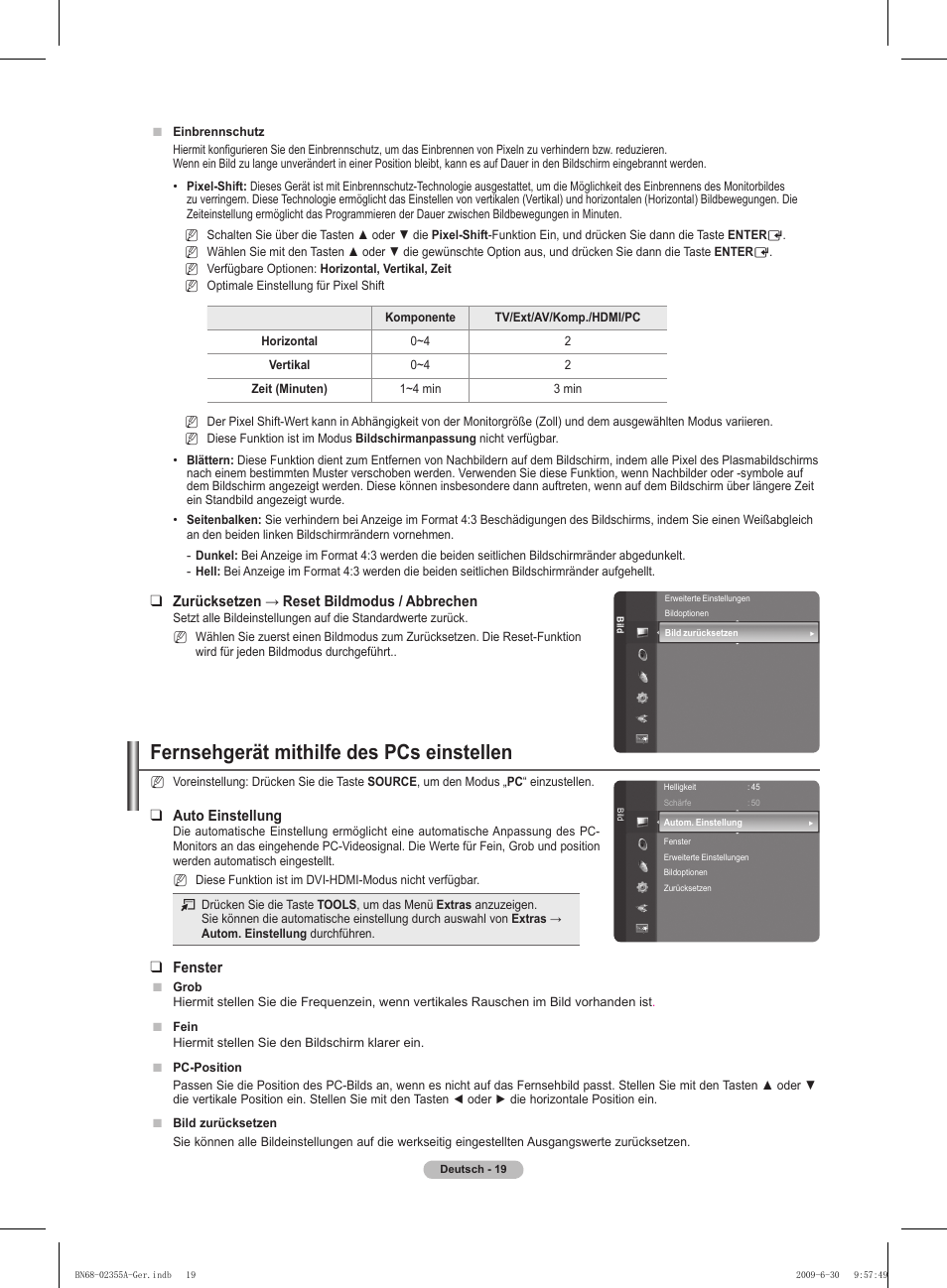 Fernsehgerät mithilfe des pcs einstellen, Zurücksetzen → reset bildmodus / abbrechen, Auto einstellung | Fenster | Samsung PS50B530S2W User Manual | Page 89 / 319