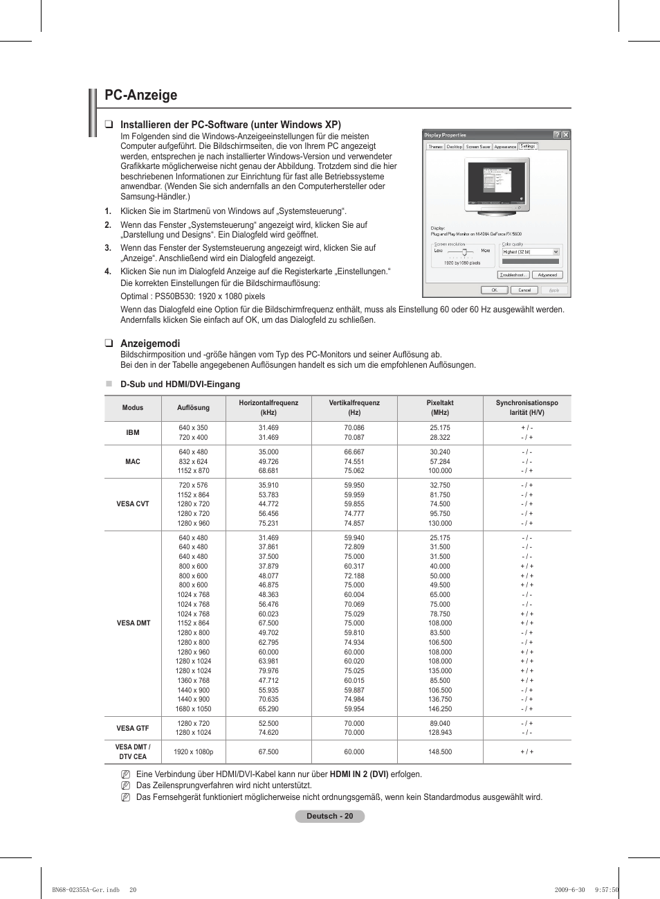 Pc-anzeige, Installieren der pc-software (unter windows xp), Anzeigemodi | Samsung PS50B530S2W User Manual | Page 90 / 319