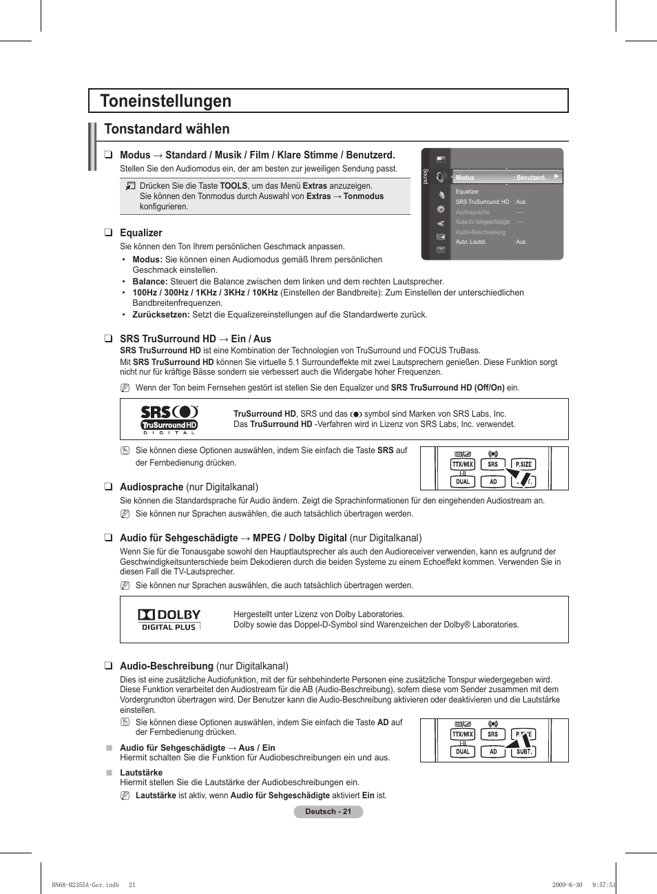 Toneinstellungen, Tonstandard wählen | Samsung PS50B530S2W User Manual | Page 91 / 319