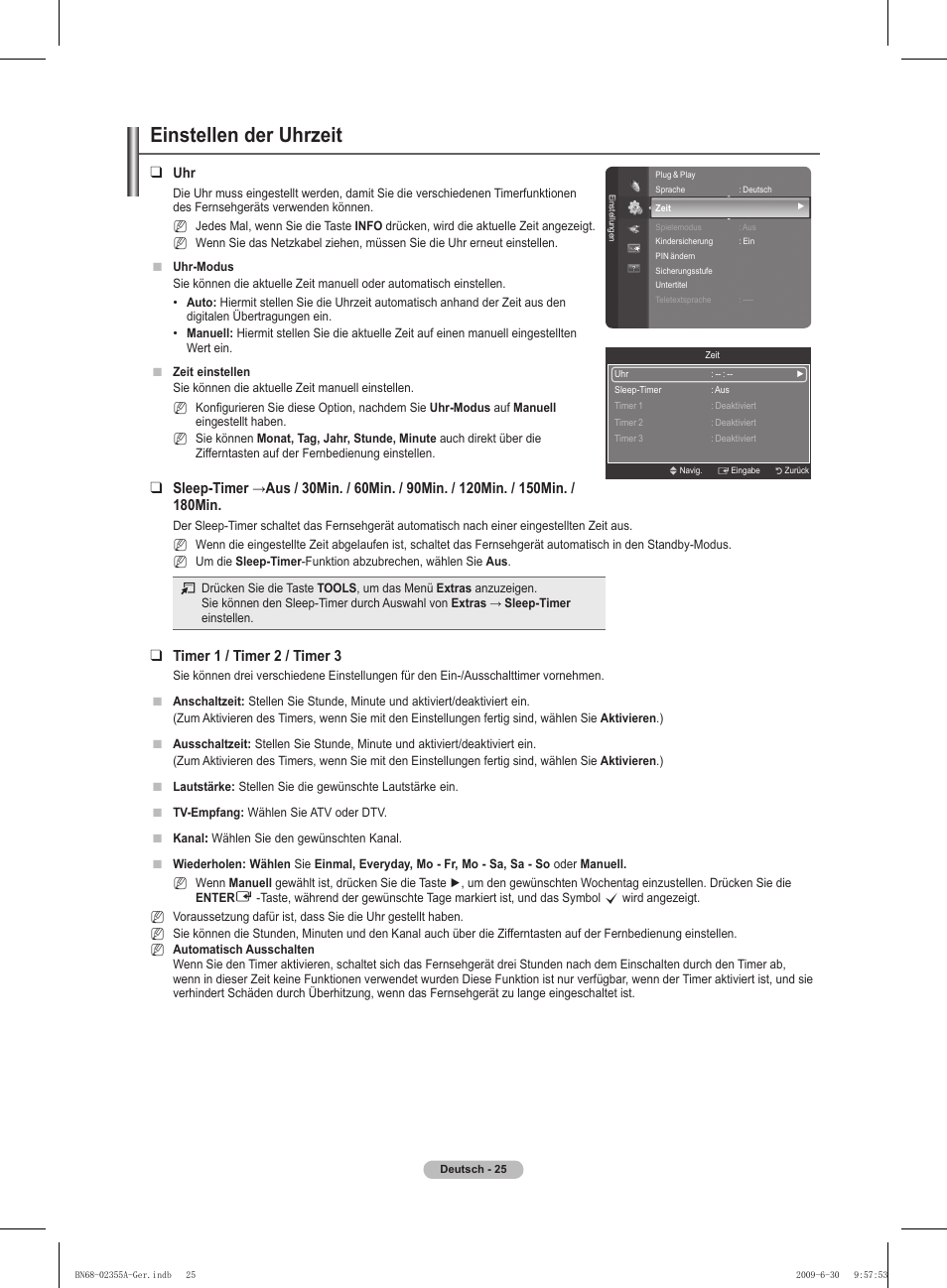 Einstellen der uhrzeit, Timer 1 / timer 2 / timer 3 | Samsung PS50B530S2W User Manual | Page 95 / 319