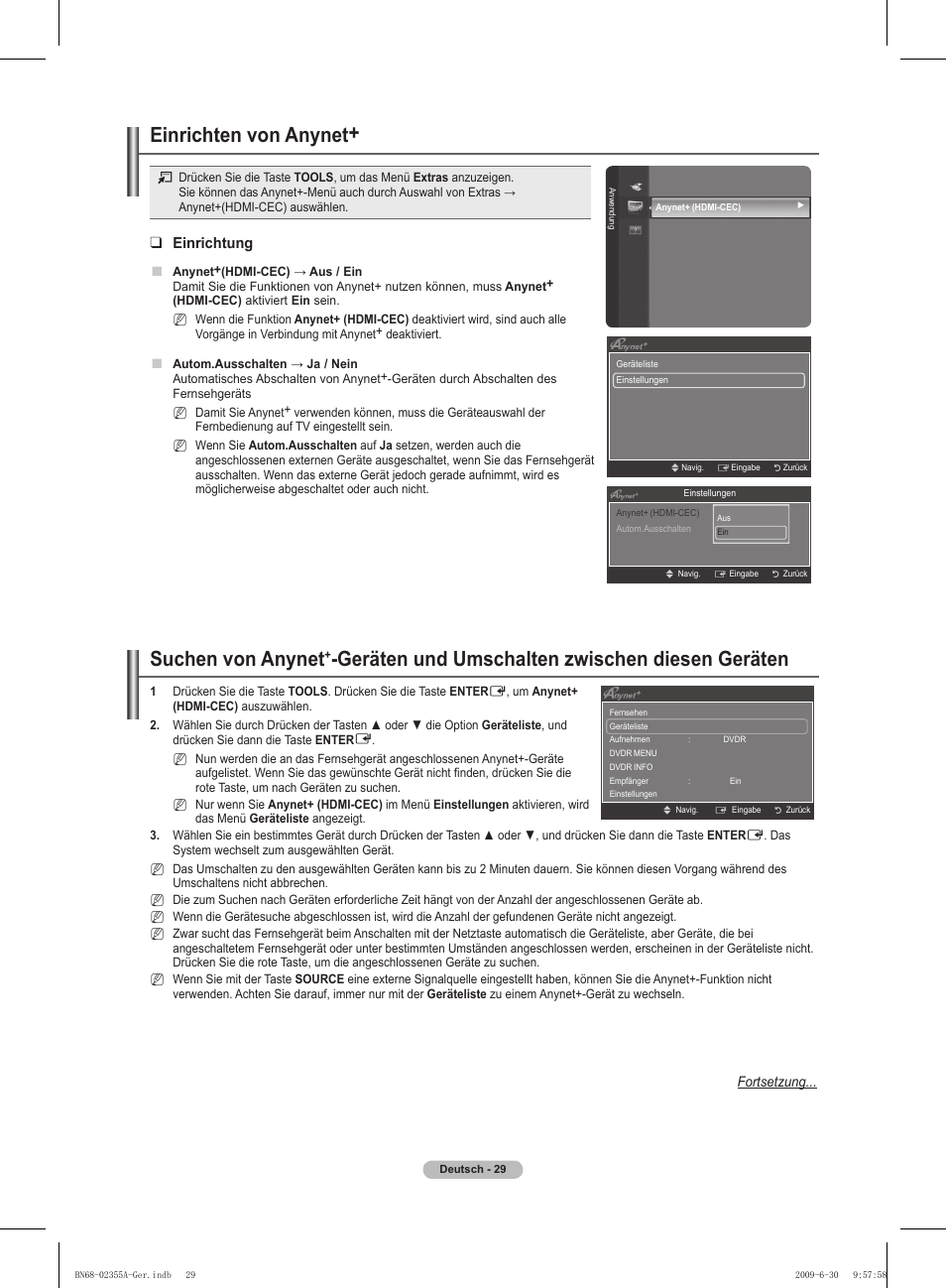 Suchen von anynet, Geräten und umschalten zwischen diesen geräten, Einrichten von anynet | Einrichtung | Samsung PS50B530S2W User Manual | Page 99 / 319