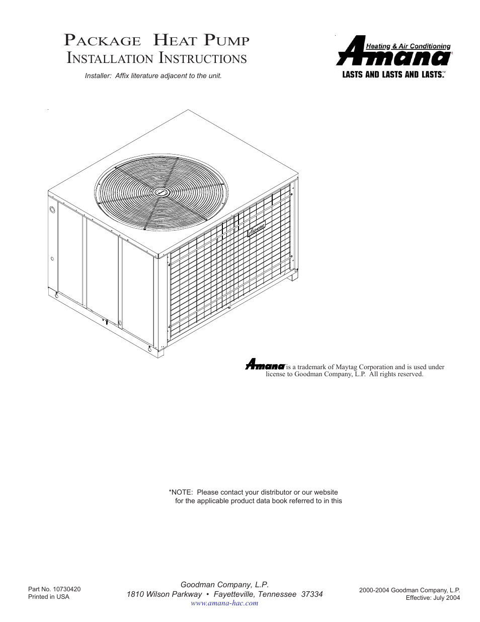 Amana PACKAGE HEAT PUMP User Manual | 20 pages
