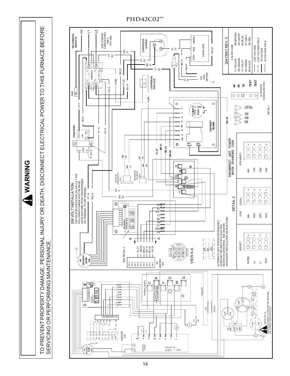 Warni ng, Phd42c02, De t a il 2 | Vi ew a-a | Amana PACKAGE HEAT PUMP User Manual | Page 14 / 20