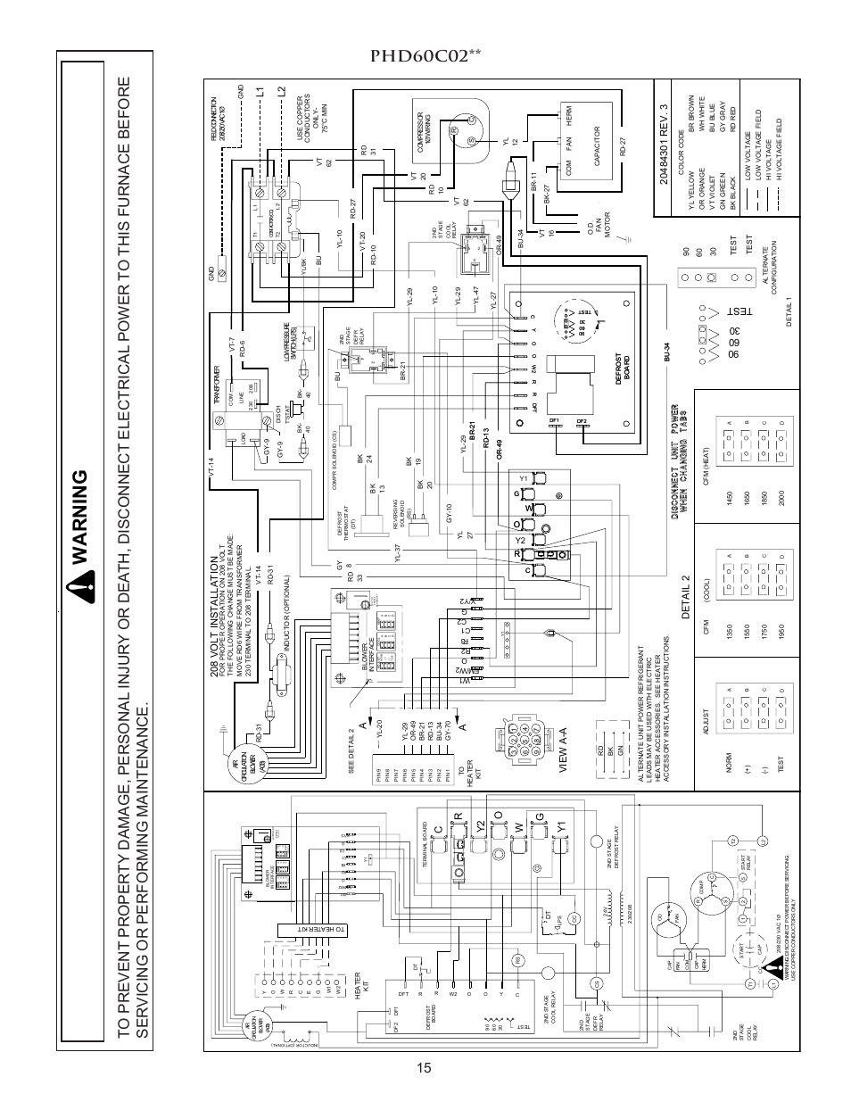Warni ng, Phd60c02, De t a il 2 | Vi ew a-a, Gw o y2 r c | Amana PACKAGE HEAT PUMP User Manual | Page 15 / 20