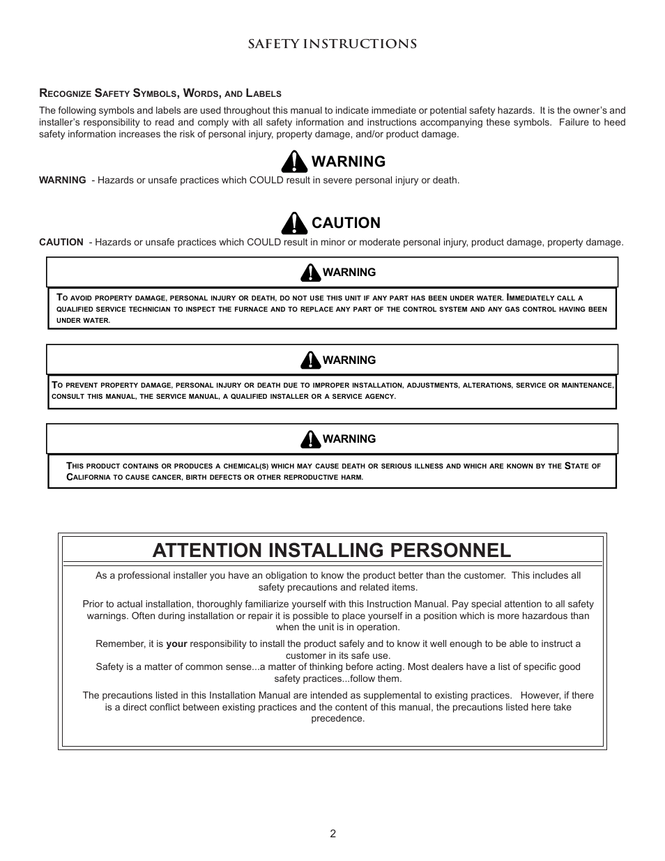 Attention installing personnel, Warning, Caution | Amana PACKAGE HEAT PUMP User Manual | Page 2 / 20