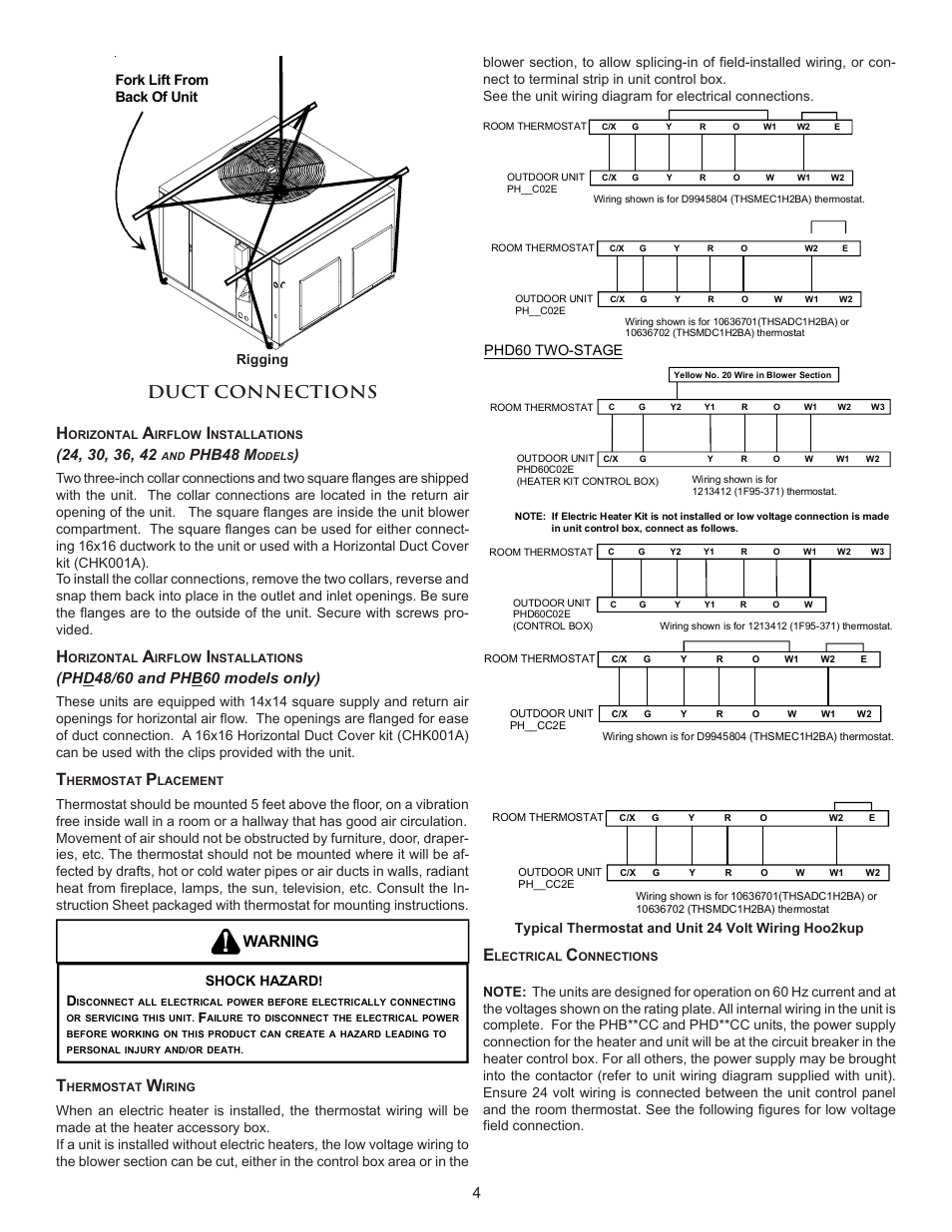 Duct connections h, Warning, Phb48 m | Amana PACKAGE HEAT PUMP User Manual | Page 4 / 20