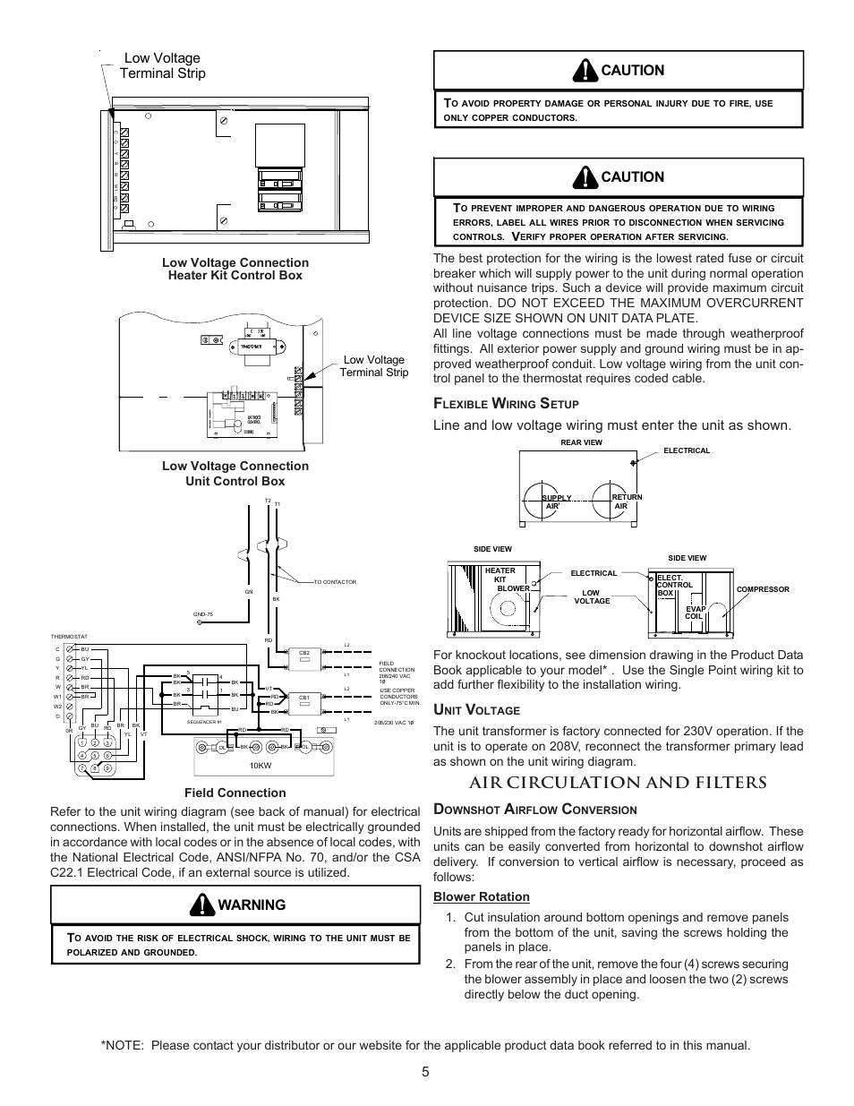 Air circulation and filters d, Warning, Caution | Low voltage terminal strip, Low voltage connection heater kit control box, Low voltage connection unit control box, Lexible, Iring, Etup, Oltage | Amana PACKAGE HEAT PUMP User Manual | Page 5 / 20