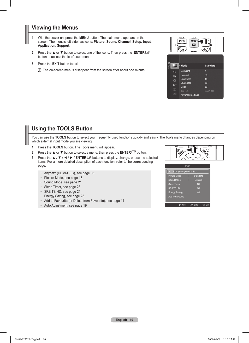 Viewing the menus, Using the tools button | Samsung PS50B560T7W User Manual | Page 10 / 400