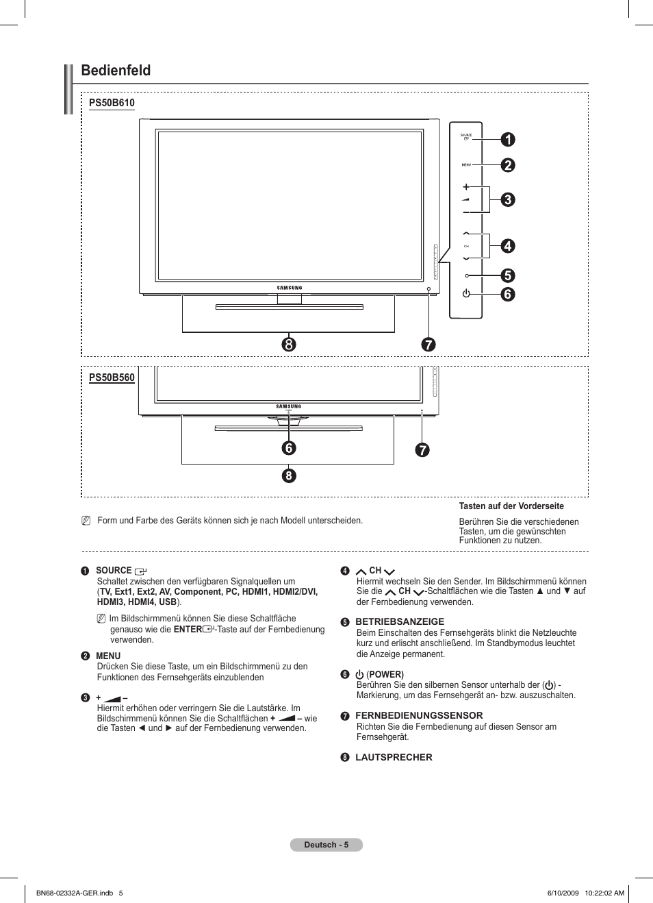Bedienfeld | Samsung PS50B560T7W User Manual | Page 100 / 400