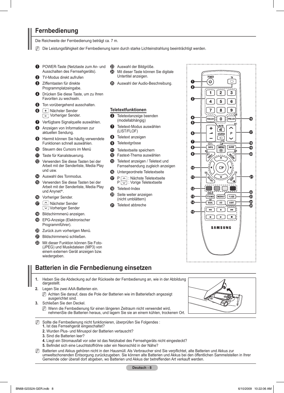 Fernbedienung, Batterien in die fernbedienung einsetzen | Samsung PS50B560T7W User Manual | Page 103 / 400