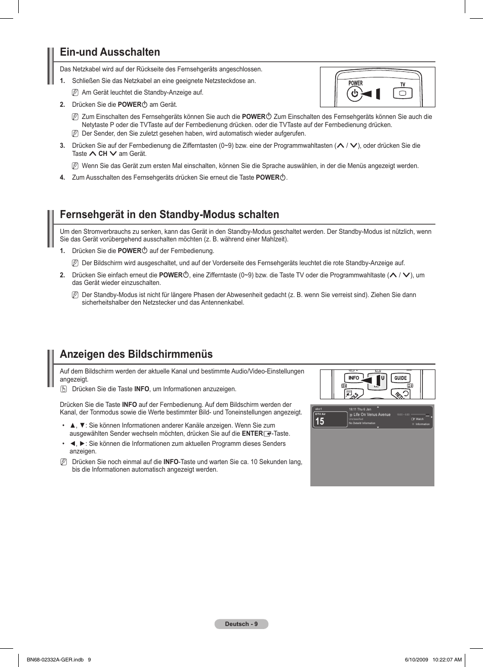 Ein-und ausschalten, Fernsehgerät in den standby-modus schalten, Anzeigen des bildschirmmenüs | Samsung PS50B560T7W User Manual | Page 104 / 400