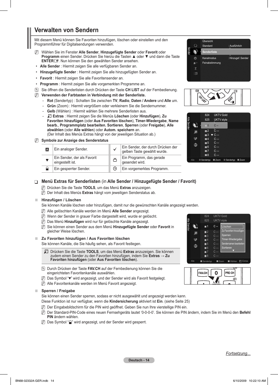 Verwalten von sendern, Fortsetzung | Samsung PS50B560T7W User Manual | Page 109 / 400