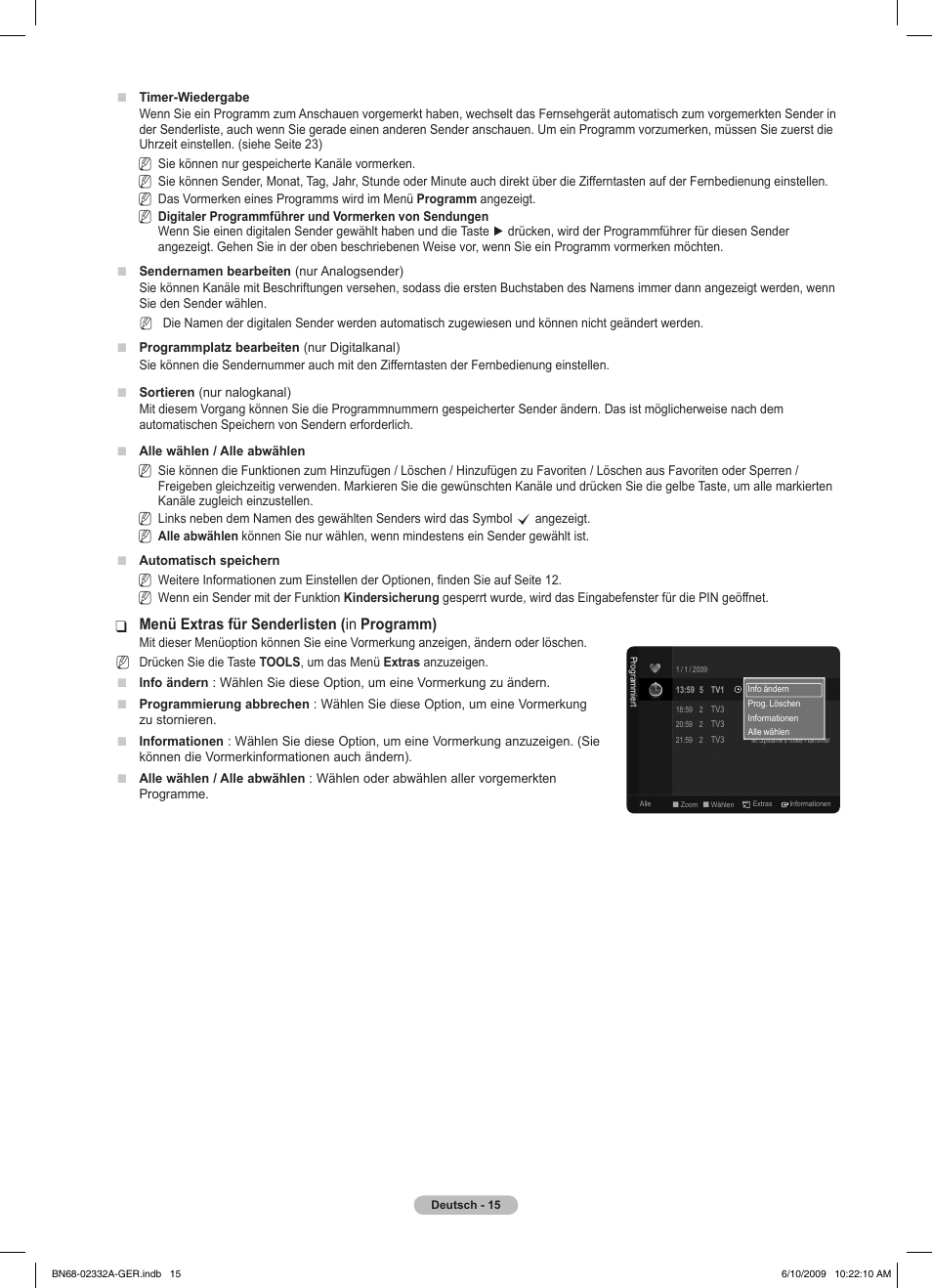 Menü extras für senderlisten ( ❑ in programm) | Samsung PS50B560T7W User Manual | Page 110 / 400