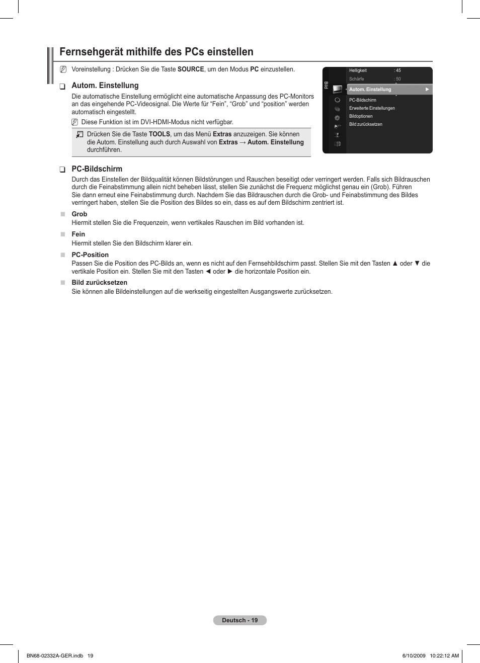 Fernsehgerät mithilfe des pcs einstellen, Autom. einstellung, Pc-bildschirm | Samsung PS50B560T7W User Manual | Page 114 / 400