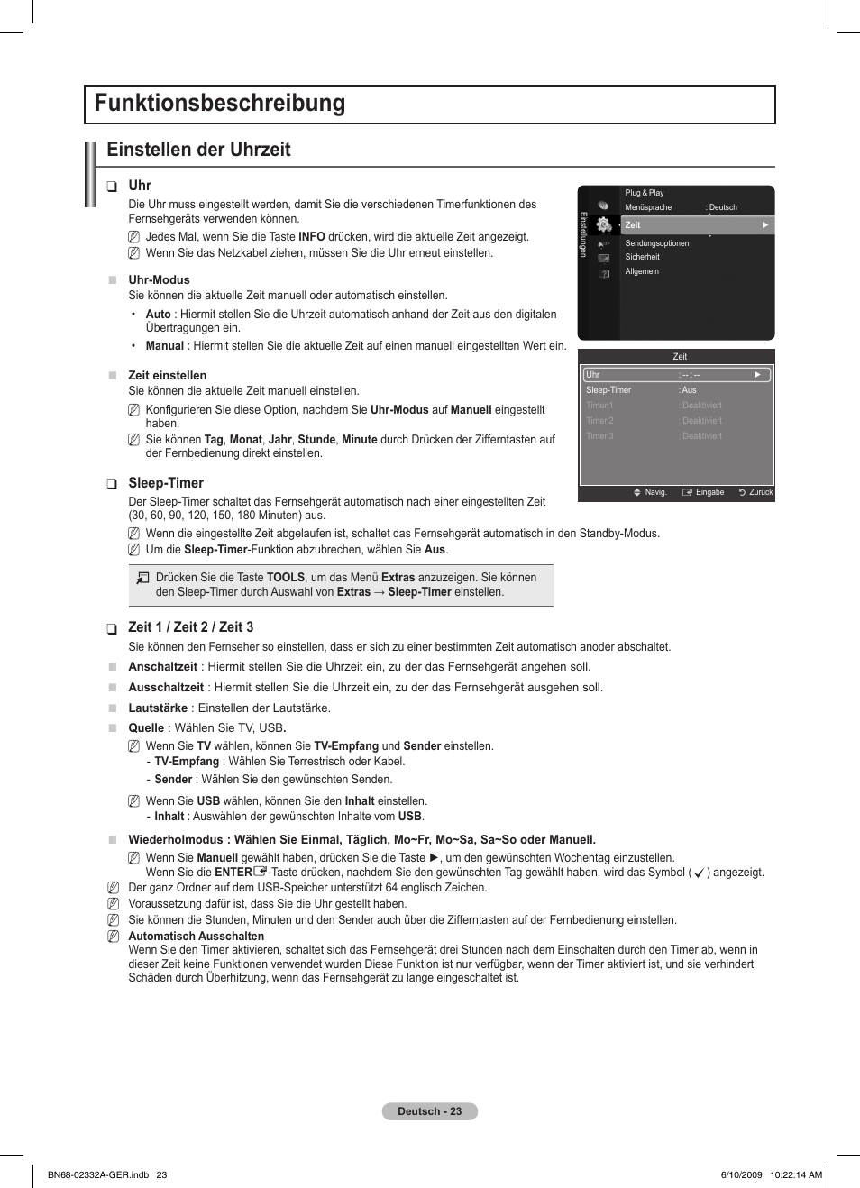 Funktionsbeschreibung, Einstellen der uhrzeit | Samsung PS50B560T7W User Manual | Page 118 / 400