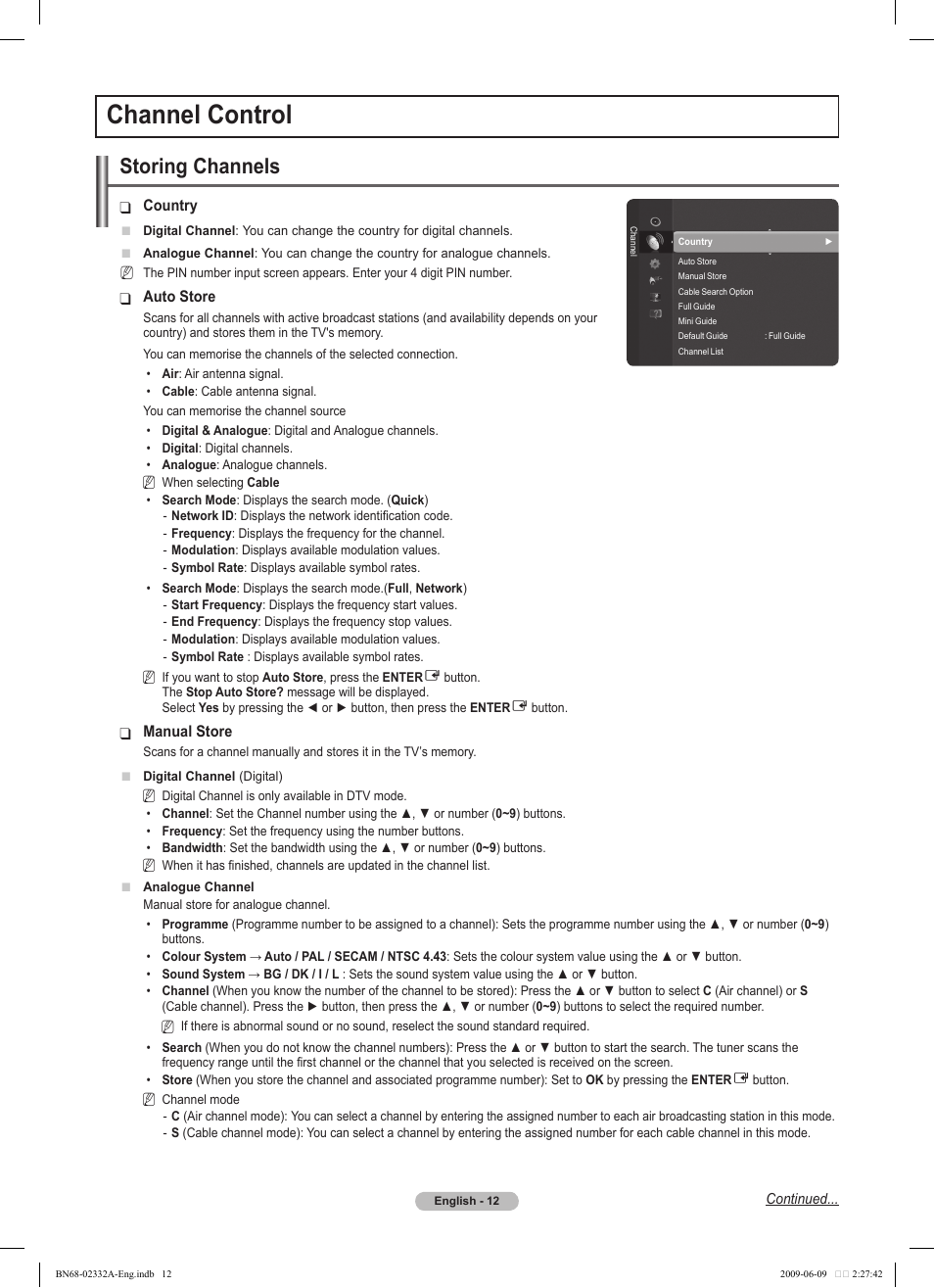 Channel control, Storing channels | Samsung PS50B560T7W User Manual | Page 12 / 400