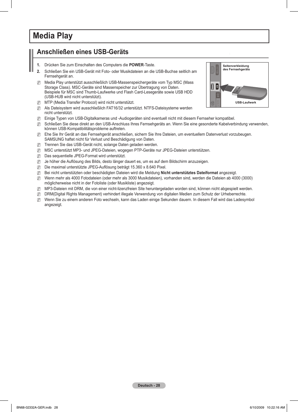 Media play, Anschließen eines usb-geräts | Samsung PS50B560T7W User Manual | Page 123 / 400