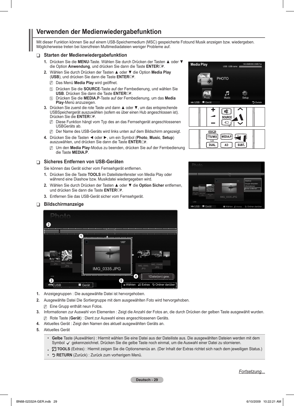 Verwenden der medienwiedergabefunktion, Starten der medienwiedergabefunktion, Sicheres entfernen von usb-geräten | Bildschirmanzeige, Fortsetzung | Samsung PS50B560T7W User Manual | Page 124 / 400