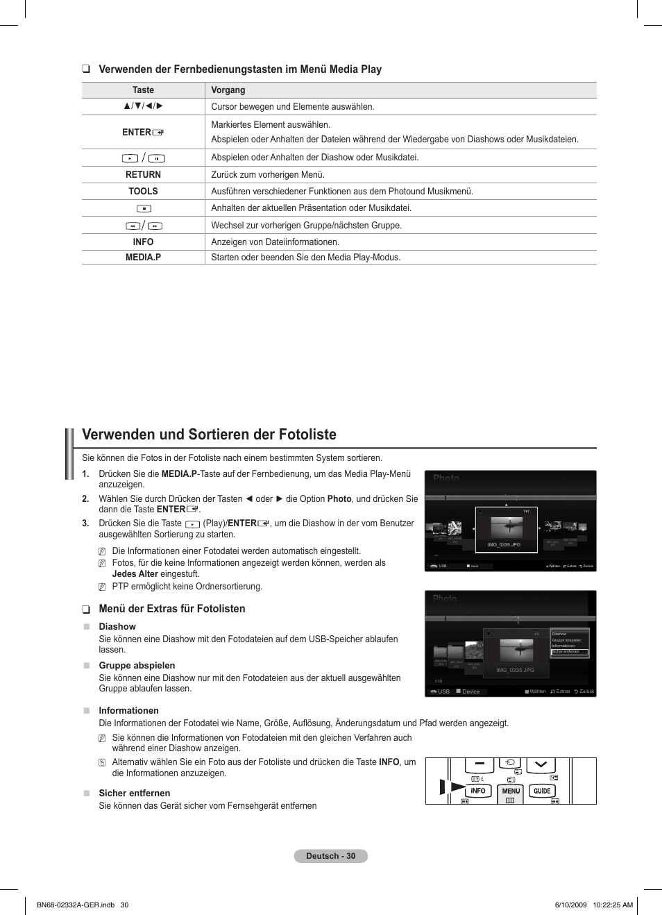 Verwenden und sortieren der fotoliste, Menü der extras für fotolisten | Samsung PS50B560T7W User Manual | Page 125 / 400