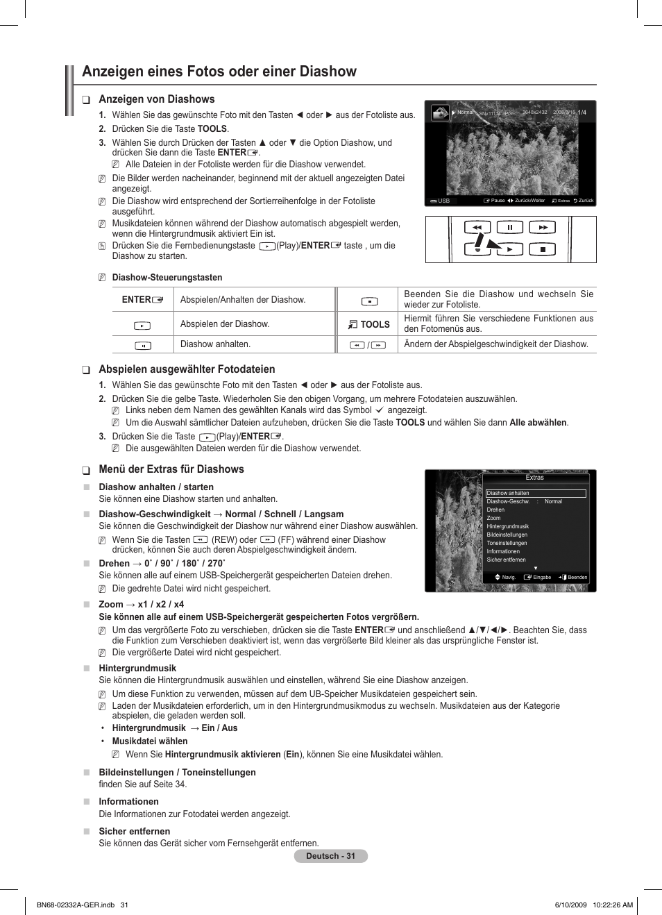 Anzeigen eines fotos oder einer diashow, Anzeigen von diashows, Abspielen ausgewählter fotodateien | Menü der extras für diashows | Samsung PS50B560T7W User Manual | Page 126 / 400