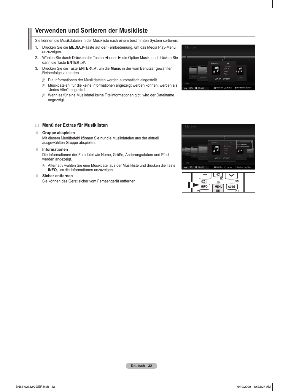 Verwenden und sortieren der musikliste, Menü der extras für musiklisten, Drücken sie die taste enter | Angezeigt, Gruppe abspielen | Samsung PS50B560T7W User Manual | Page 127 / 400