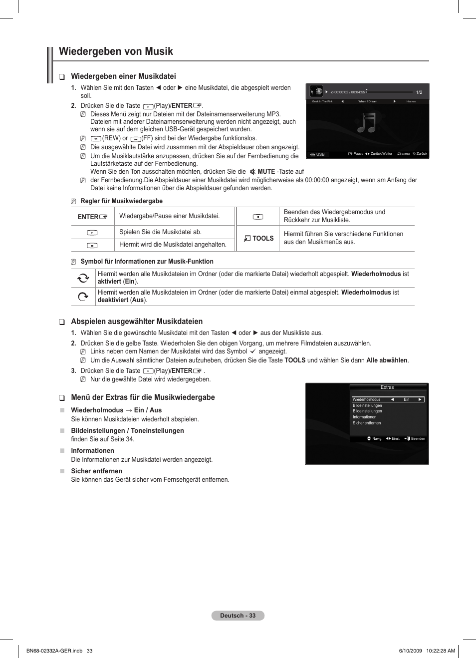 Wiedergeben von musik, Wiedergeben einer musikdatei, Abspielen ausgewählter musikdateien | Menü der extras für die musikwiedergabe | Samsung PS50B560T7W User Manual | Page 128 / 400